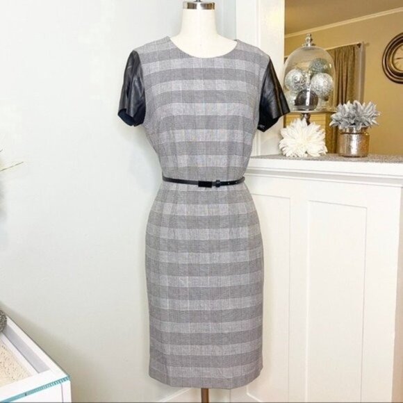 Calvin Klein Plaid Sheath Dress with Leather Trim Size 8 Medium - Picture 3 of 11